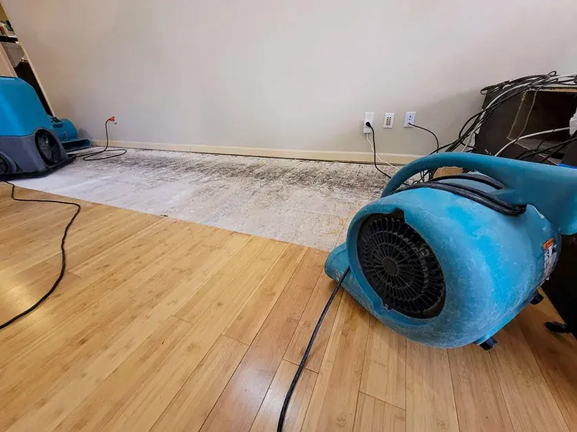 A high-volume air mover running on a wood floor